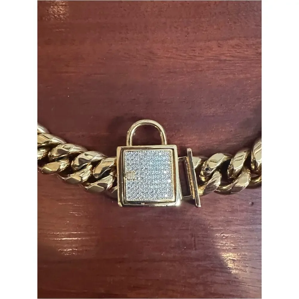 Gold Chain Dog Collar Padlock Clasp Bling Titanium Steel 24